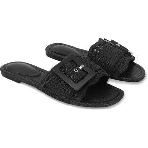 Women's Black Buckle Straw Flats Woven Braided Rattan Slides Summer Sandals